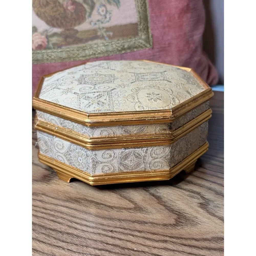 Vintage MCM Octagon Mirrored Brocade Jewelry Box - Gold Silver Threaded